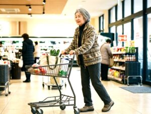 スーパーでショッピングカートを押し、少し前かがみの姿勢で歩く高齢女性。脊柱管狭窄症に特有の間欠性跛行のイメージ。