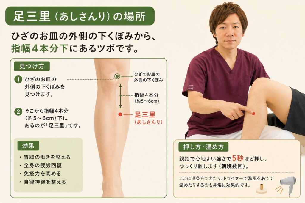 黒木先生が胃経のツボ・足三里の場所の説明をしている場面です。