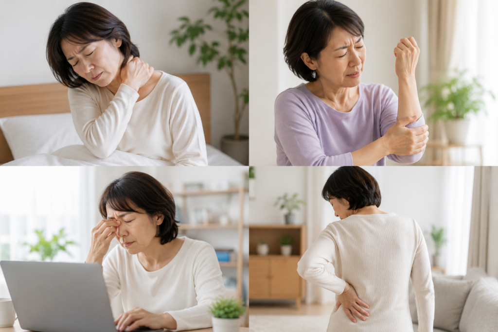 首・腕・目・腰に痛みの出ている中年女性